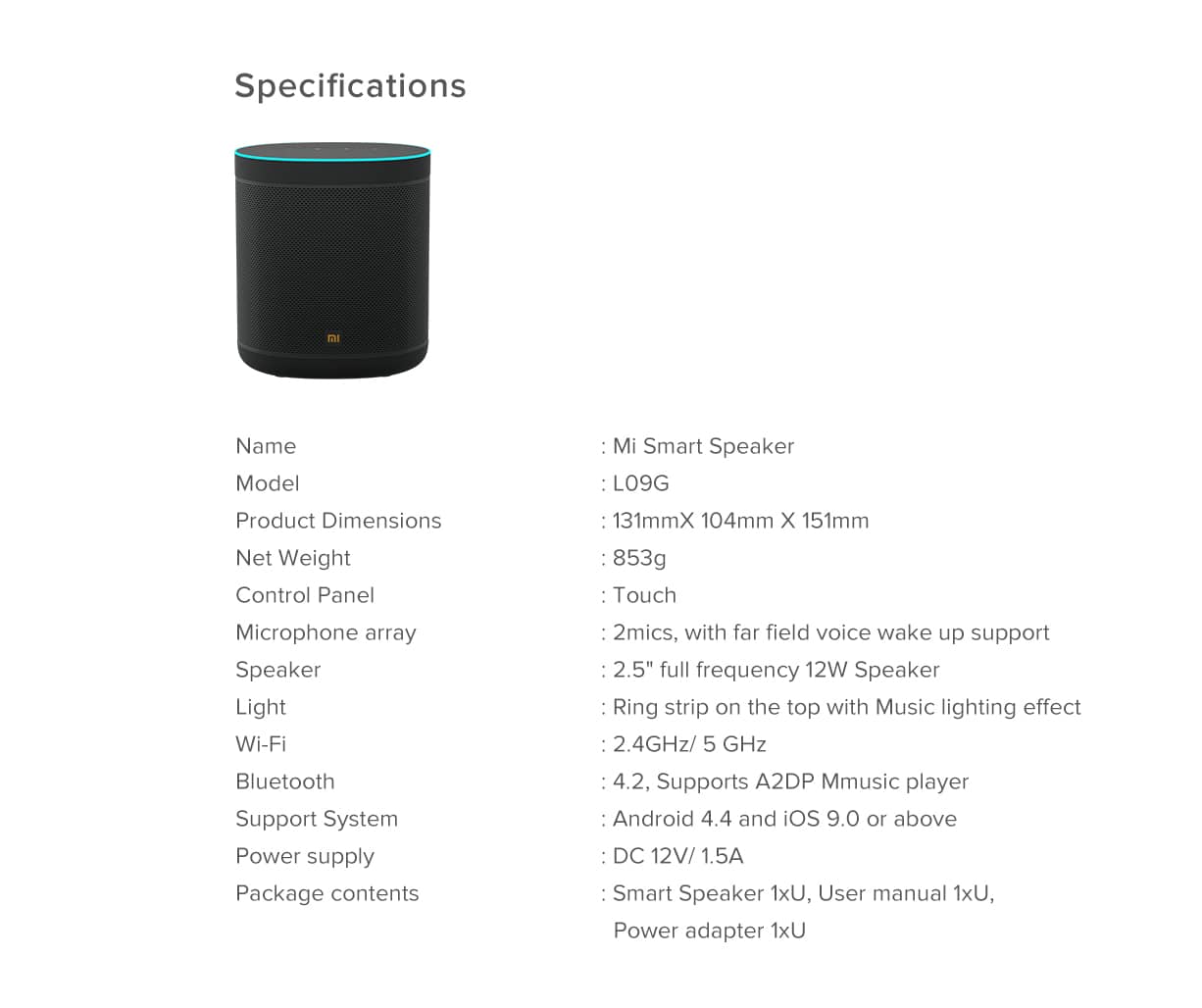 mi smart speaker specifications